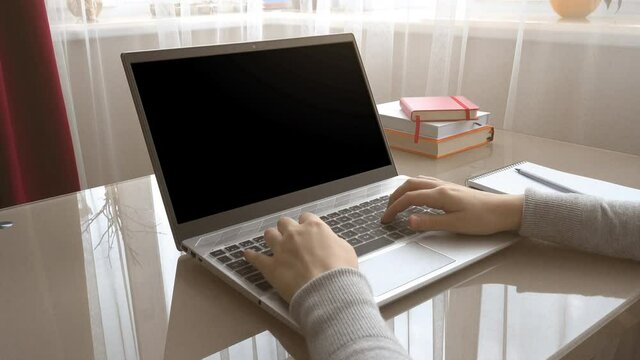 The girl working at home office hands on keyboard. Alpha channel included. Png+alpha. You can insert your background.