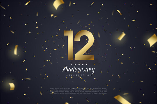 12th anniversary with numbers and gold foil spread on black background.