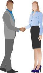 A man and a woman shake hands.