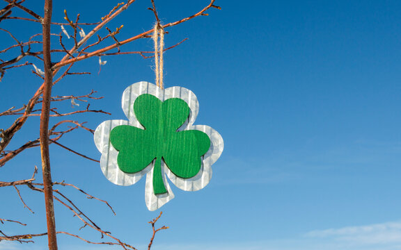 a green wooden shamrock decoration hanging on bare tree branches under blue skies with copy space