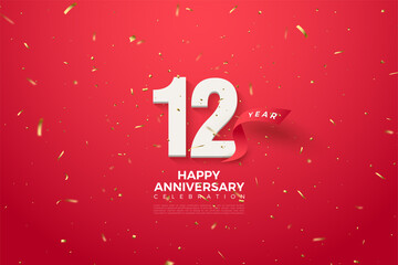 12th Anniversary with numbers and a red curved ribbon behind it.