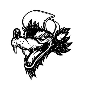 Illustration of cartoon wolf in baseball cap. Design element for poster, card, banner, sign, logo. Vector illustration