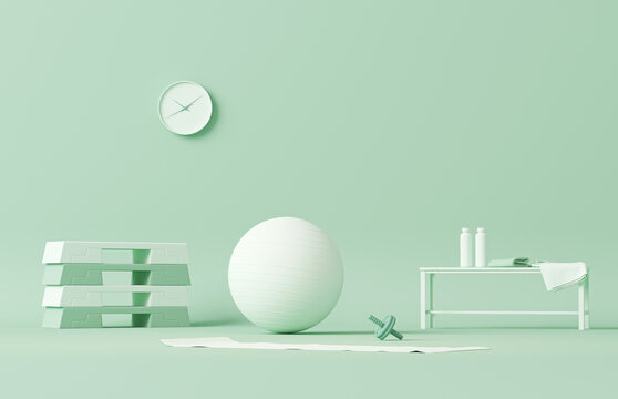Fitness ball, weights and water bottle. Pastel blue and white colors scene. 3d render for sport fitness equipment in the gym and exercise daily background. Healthy living, taking care of themselves.