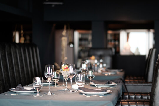 Set Empty Table With Wine Glasses At The Restaurant