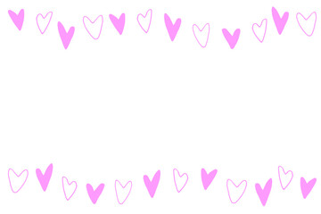 Backgrounds, frames of small outline pink hearts. Hand drawn love romance theme. Horizontal top and bottom edging, border, decoration for birthday, Valentine's day, greeting card, wedding