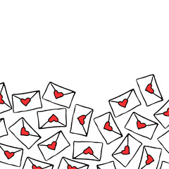 Vector poster, Mountain of love letters for backdrop to the day of St. Valentine. Envelopes with red hearts in the doodle style. Lots of valentines for you