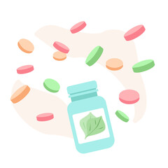 There is jar of pills in the foreground. There are dynamic pills in the background. Medical concept. Healthy lifestyle.