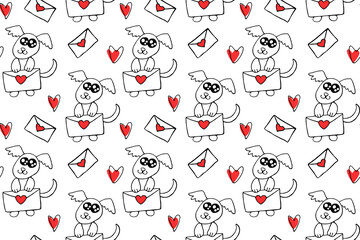 Vector Seamless pattern. Cute contour little dog with love letter and hearts. Hand drawn doodle. Background and texture on theme of Valentine's Day, sending and receiving post, confessions of feelings
