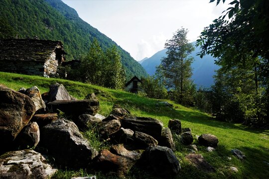 Traditional rustic houses spotted near Gerra, Verzasca Valley