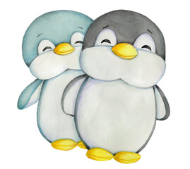 2 cute little penguins. North arctic birds. Hand drawn watercolor illustration.