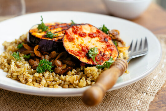 Middle-eastern freekeh lentil and harissa eggplant