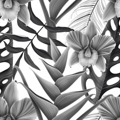 Pattern contemporary tropical flowers and leaves seamless.
