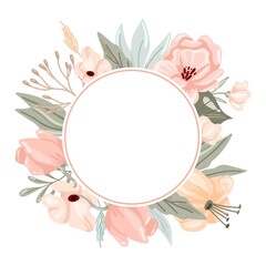 Fototapeta na wymiar Pastel flowers and leaves frame. Hand drawn elegance boho style botanical circle border, soft colors, romantic decor for wedding and valentines day cards. Vector isolated floral background