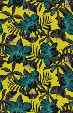 Pattern contemporary tropical flowers and leaves seamless.