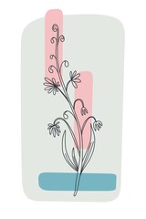 Flower minimal poster. Hand drawn line wild flowers and leaves with abstract shape. Herbal and meadow plant collection, modern wall art floral decor vector botanical illustration pink, blue colors