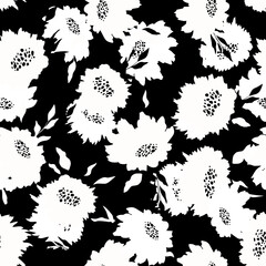 Floral seamless with hand drawn black and white roses. Cute summer background with flowers and leaves. Modern floral compositions. Fashion vector illustration for wallpaper, card, fabric, textile