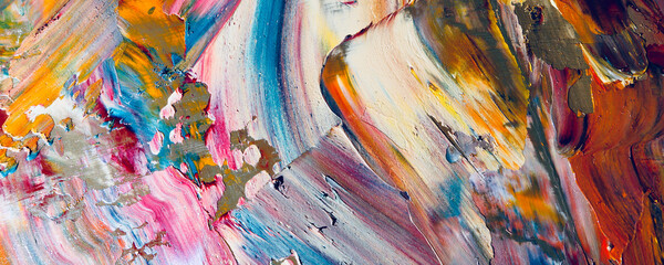 Bunter abstrakter Malereihintergrund. . Flüssige Tinte Farbtextur. Intensive Multicolor-Mischung aus lebendigen Ölfarben. Malen Sie Pinselstriche auf Leinwand für trendige Postertapeten © Valeriy