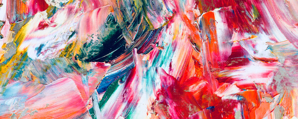 Bunter abstrakter Malereihintergrund. . Flüssige Tinte Farbtextur. Intensive Multicolor-Mischung aus lebendigen Ölfarben. Malen Sie Pinselstriche auf Leinwand für trendige Postertapeten © Valeriy