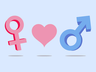Heterosexual symbol with love symbol, isolated on blue background.  3d vector icon.