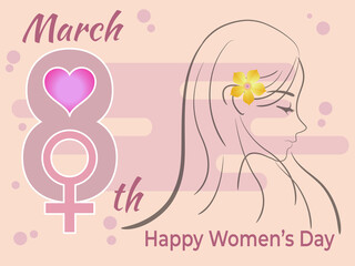 Happy women's day. Women's day 8 march holiday celebration concept sale banner greeting card poster or flyer with silhouette women with a yellow flower on her ear.