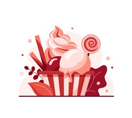 Vector illustration of Strawberry Ice Cream in paper cup with lollipop and wafer rolls, pink soft served sundae in cardboard tub box for cafe takeaway, vegan yogurt twisted dessert in packaging.