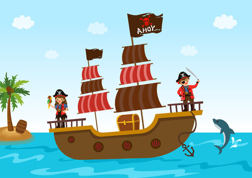 Illustration of pirate boy and girl with ship and treasure chest on ocean background.