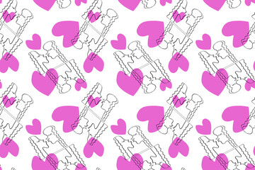Seamless pattern with kissing people and pink hearts. Line art, doodle, outline abstract kiss as symbol of love. We are connected. Simple vector background, texture