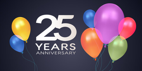 25 years anniversary vector icon, logo, banner. Horizontal design element with air balloons