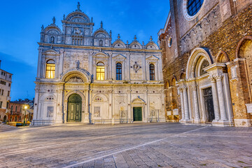 The Scuola Grandi die San Marco with San Zanipolo church in Venice, Italy, at night