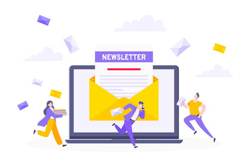 Subscribe now to our newsletter vector illustration with tiny people working with laptop, envelope and newsletter. Email news subscription or mail marketing business flat style design concept.