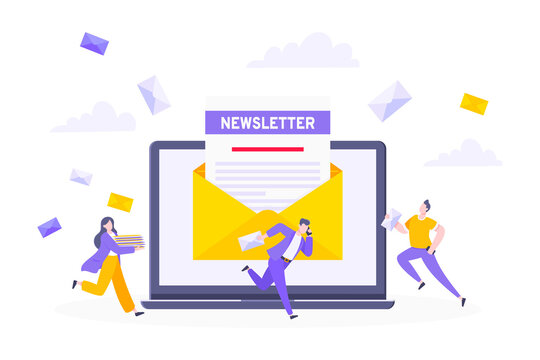 Subscribe now to our newsletter vector illustration with tiny people working with laptop, envelope and newsletter. Email news subscription or mail marketing business flat style design concept.