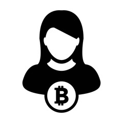 Cryptocurrency icon vector bitcoin blockchain with male person profile avatar for digital wallet in a glyph pictogram illustration