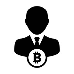 Currency icon vector bitcoin cryptocurrency blockchain with male person profile avatar for digital wallet in a glyph pictogram illustration
