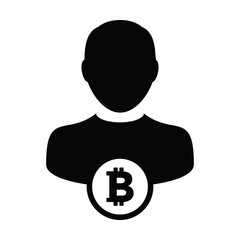 Crypto icon vector bitcoin digital currency symbol with male person profile avatar for wallet in a glyph pictogram illustration