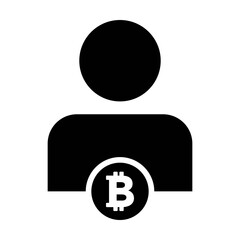 Bitcoin symbol icon vector blockchain cryptocurrency with male person profile avatar for digital wallet in a glyph pictogram illustration