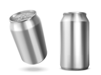 Tin can with open key front and angle view. Blank cylinder metal jar with pull ring on lid, silver colored aluminium canister for cold drink isolated on white background, Realistic 3d vector mockup