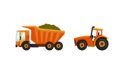 Set of Heavy Agricultural Vehicles for Harvesting Crops Flat Vector Illustration