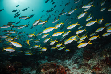 Fototapeta na wymiar Underwater photography, coral reef ecosystem surrounded by tropical reef fish. Colorful reef scene, deep blue water, vibrant reef life
