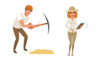 Archaeologist Scientist Characters Working on Excavations, Archeology and Paleontology Science Concept Cartoon Vector Illustration