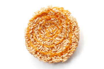 Top view of Thai sweet crispy rice cakes with cane sugar drizzle Thai people call Khaotan isolated on white background.