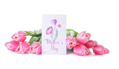 Beautiful flowers and greeting card for Mother's Day on white background