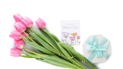 Beautiful flowers, gift and greeting card for Mother's Day on white background