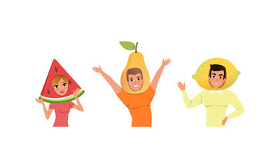 Smiling People in Fruit Headdress, Happy Persons Wearing Watermelon, Pear, Lemon Headgears Cartoon Vector Illustration