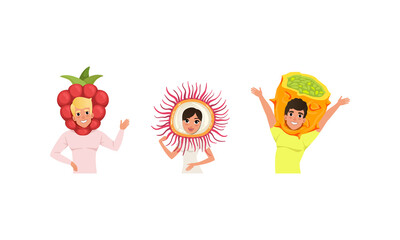 Smiling People in Fruit Headdress, Happy Persons Wearing Kiwano, Raspberry, Rambutan Headgears Cartoon Vector Illustration