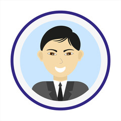 Male face. Man avatar. Handsome Asian man portrait on blue background. Smiling guy face. Isolated flat vector illustration.