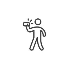 Man taking selfie photo line icon. linear style sign for mobile concept and web design. Man with phone outline vector icon. Symbol, logo illustration. Vector graphics