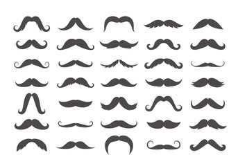 Varieties of retro mustache set. Black imperial facial hair curly horseshoe pencil english pyramid italian and vintage narrow french walrus brush male hipster modern fashion. Collection vector.