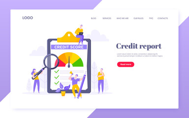 Credit score report with arrow gauge speedometer indicator with color levels on giant clipboard. Measurement from poor to excellent rating with people working together landing page.
