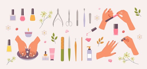 Manicure in spa salon set. Healing bath for hand skin red nail polish finger nail file and scissors glamorous cosmetics art with tweezers and colored bottles of coloring liquid. Vector cartoon.