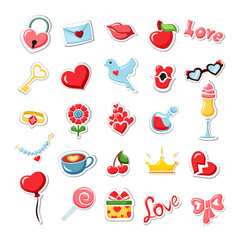 Invitation date stickers set. Golden crown and love potion in bottle Valentines Day decoration with heart and key passionate red kiss and balloon precious necklace amorous party. Vector greeting.